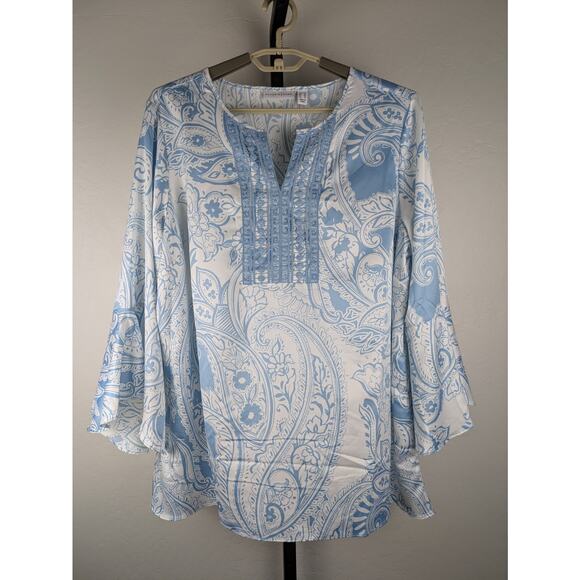 Susan Graver Tunic Top Blue Paisley Print Blouse Bell Sleeves Silky Satin - Picture 1 of 6